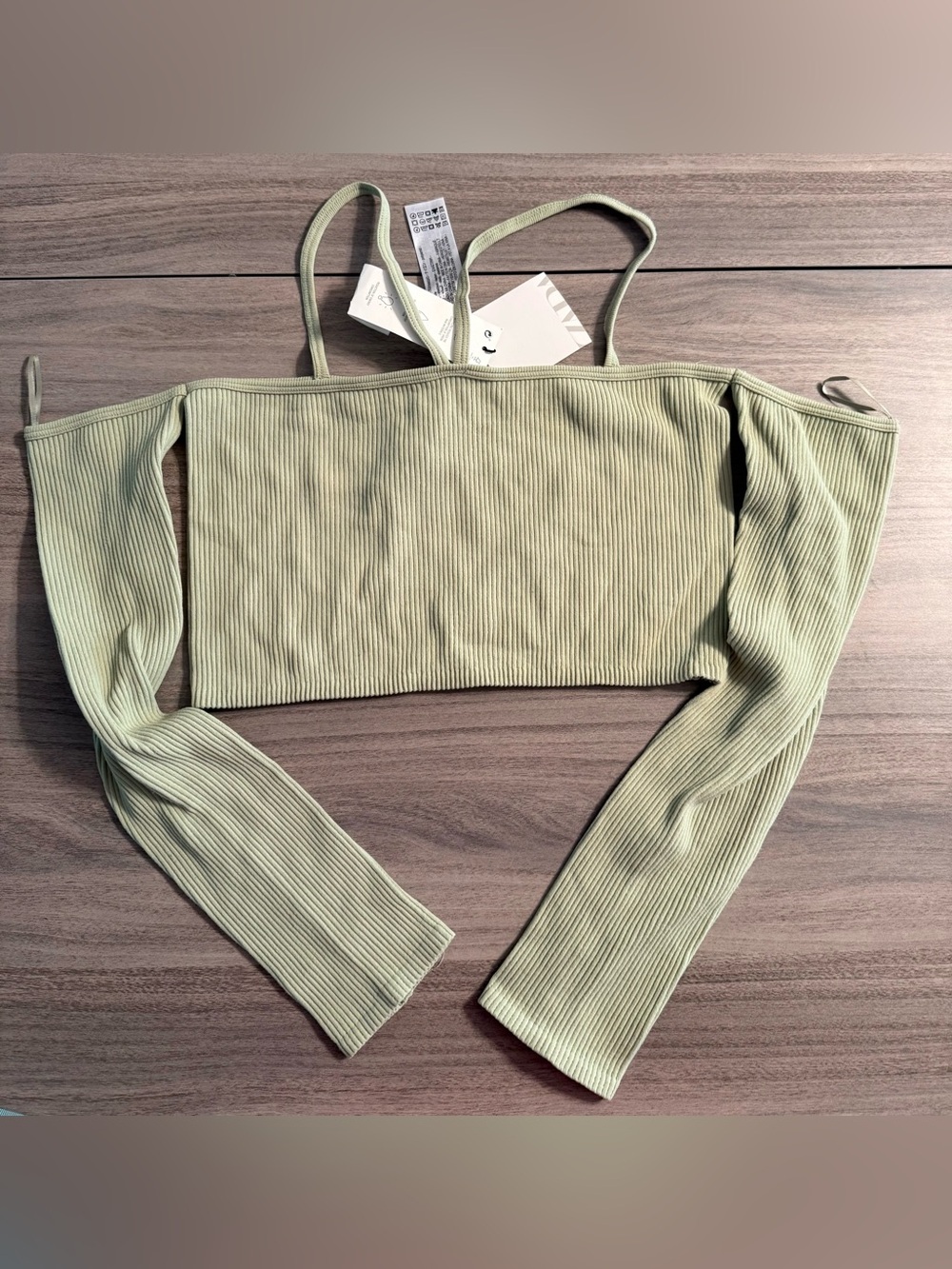 Zara Light Sage Ribbed Off-Shoulder Crop Top with Straps